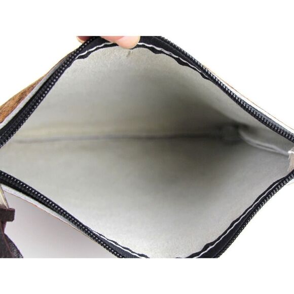 HANDCRAFTED BROWN GENUINE LEATHER PONY HAIR ZIP TOP HANDBAG CLUTCH POUCH - Picture 7 of 9